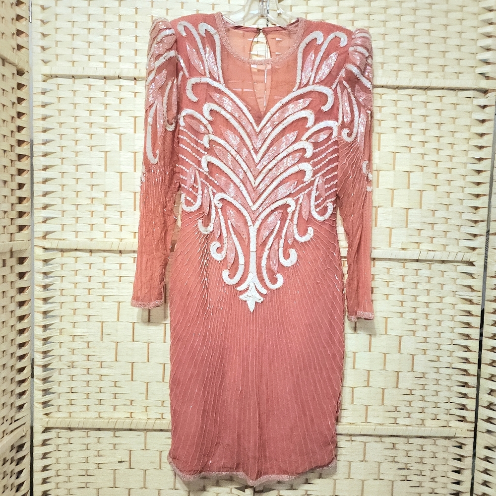 Vintage 90s Scala Beaded Sequin Cocktail Dress 100% Silk Sz M Made In India